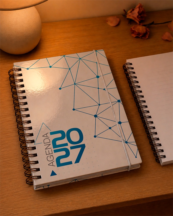 Agenda 2027 linha Design, capa branca com traços azuis