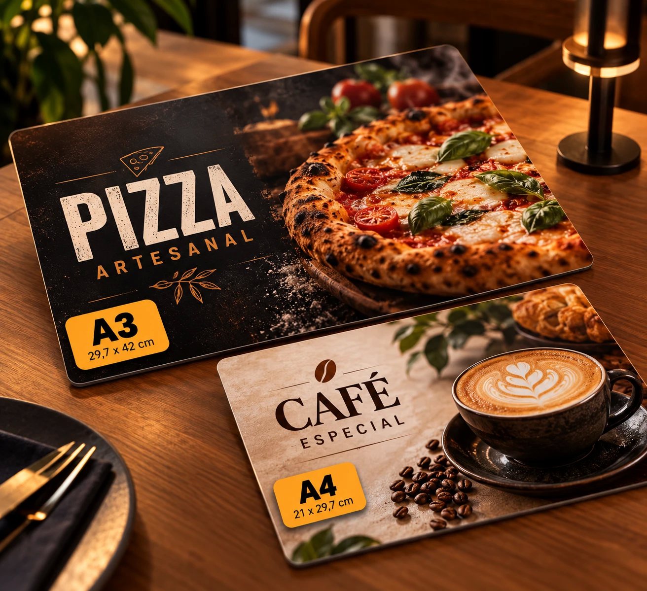 Cardápios em PVC nos tamanhos A3 e A4 sobre a mesa de um restaurante