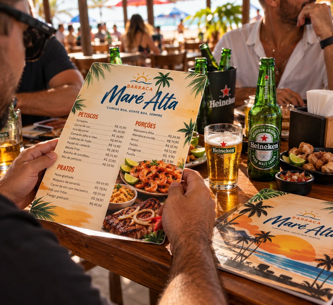 Cliente lendo cardápio em PVC numa barraca de praia